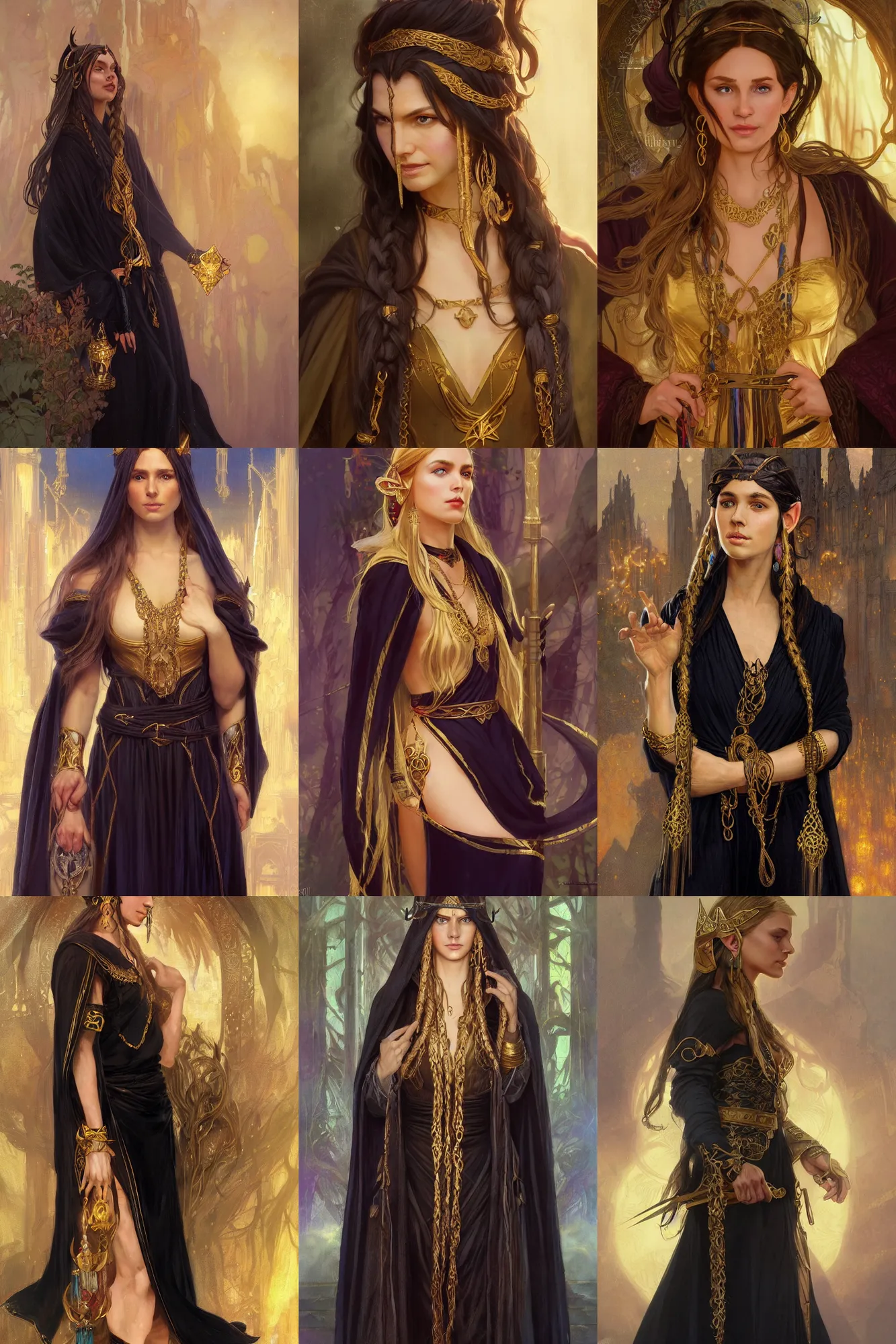 Prompt: half elf character in a black robe with golden accessories. Braided hair and large earrings. fantasy character, detailed illustration, hd, 4k, digital art, overdetailed art, concept art, by greg rutkowski, by Alfons Mucha, complementing colors, Trending on artstation, deviantart