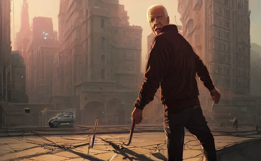 Image similar to highly detailed image of joe biden as a thief, in gta v, stephen bliss, unreal engine, fantasy art by greg rutkowski, loish, rhads, ferdinand knab, makoto shinkai and lois van baarle, ilya kuvshinov, rossdraws, tom bagshaw, global illumination, radiant light, detailed and intricate environment