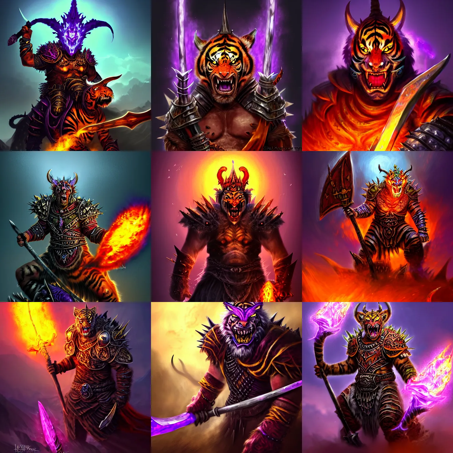 Prompt: enraged orc king in spiky armor with a purple fiery aura aura aura aura aura aura aura aura aura aura aura aura aura aura, wearing a dragon mask, holding a poisonous axe, riding riding riding riding riding riding riding riding riding riding a tiger tiger tiger tiger, trending on artstation, sharp focus, highly detailed, digital fantasy art