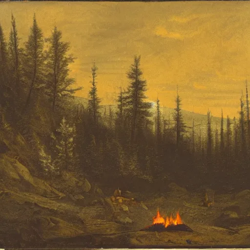 Image similar to hunter alone in the wilderness, embers of a campfire at midnight, dark boreal forest, 19th century