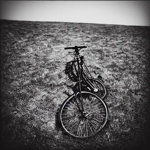 Prompt: Punctured bicycle on a hillside desolate