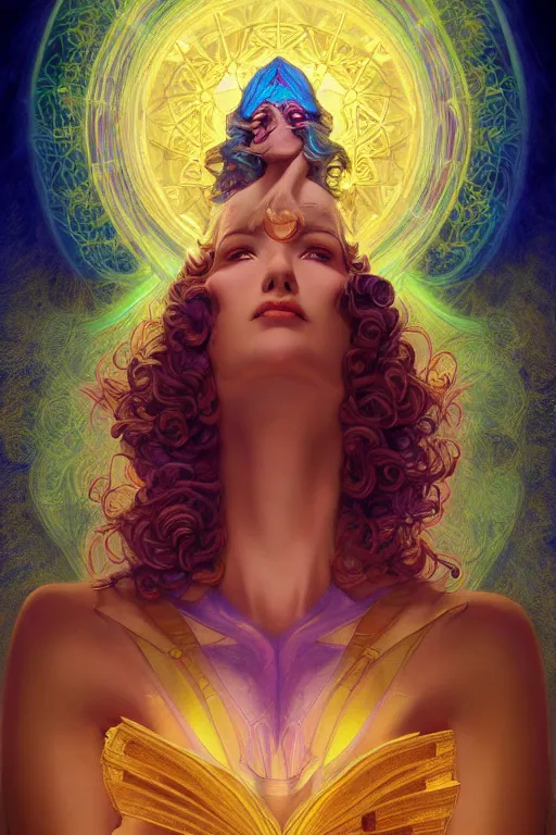 Image similar to portrait of a beautiful sorceress by artgerm, symmetrical, vivid color, complementary color, golden ratio, detailed, sharp lines, sharp focus, intricate, rainbowshift, by maxfield parrish, by peter mohrbacher, by gustave dore, by alphonse mucha, deviantart, octane render