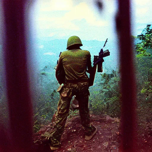 Prompt: film still, extreme far view, jerma!!, jungle, vietnam door gunner, apocalypse now, associated press,, 2 6 mm, kodak ektachrome, blue tint expired film