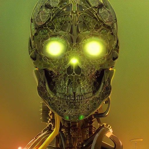 Prompt: hyperdetailed robotic skeleton, green neon heart, symetry, golden ratio, intricate, detailed, volumetric lighting, scenery, digital painting, highly detailed, artstation, sharp focus, illustration, artstation, art by artgerm and greg rutkowski and alphonse mucha