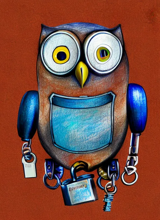 Image similar to colored pencil and pen drawing of an animatronic robot owl, bird made from rusty old keys and padlocks, space background, 8 k photorender realityengine