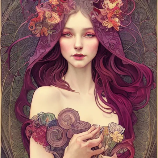 Image similar to a portrait in the style of anna dittmann and loish and alphonse mucha.