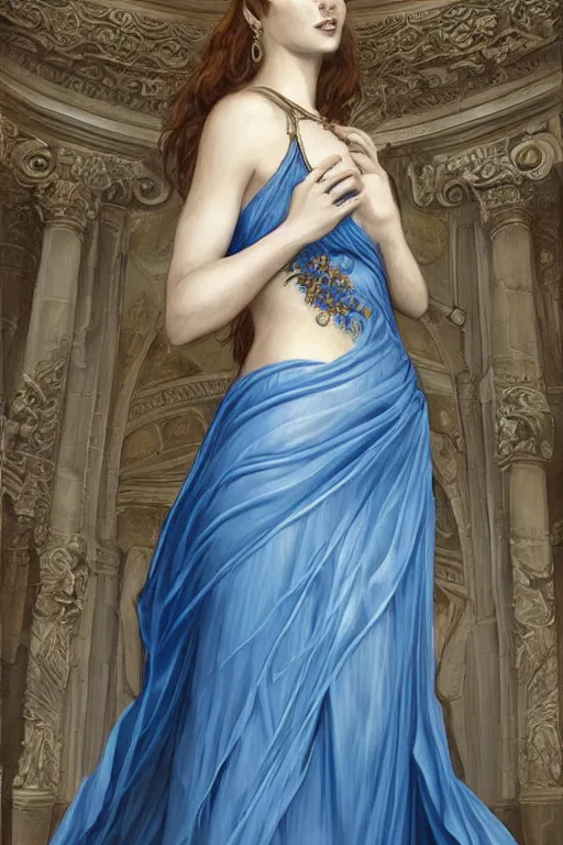 Image similar to aphrodite goddess beautiful blue gown very sensual, high resolution, uhd, digital illustration, in the style of greg rutkowski, fantasy, amazing detail, epic, intricate, elegant, perfect symmetrical face, hyper realistic, hyperdetailed, style of laura sava, smooth, deep focus