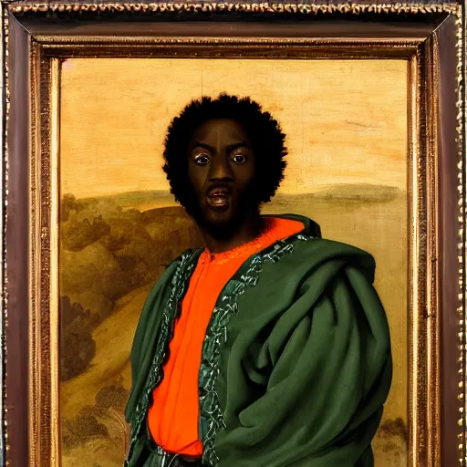 Image similar to black man with afro hair wearing an army green cloak, riding!!! an orange!! bull!!!, renaissance style painting