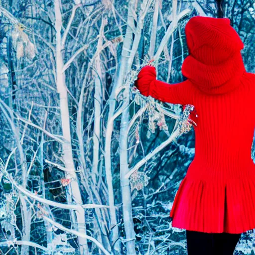 Prompt: her tender arms move among fresh sprigs, her bright red clothes rival the glowing sunbeam.