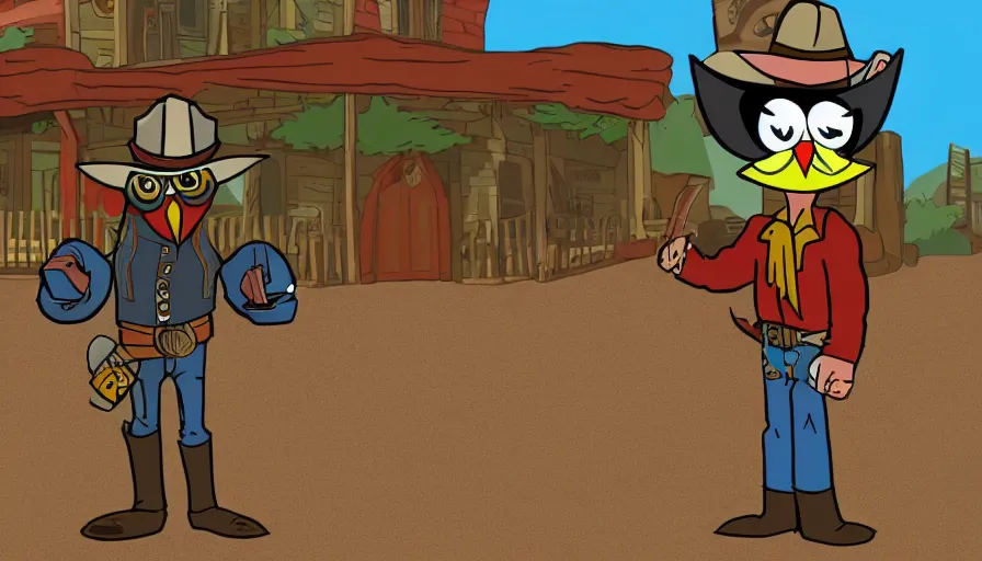 Image similar to 2000s cartoon show screenshot about a gunslinging owl from the wild west, wearing a cowboy hat an eye mask, standing in an old west town the animated show, in the style of cowboys of moo mesa