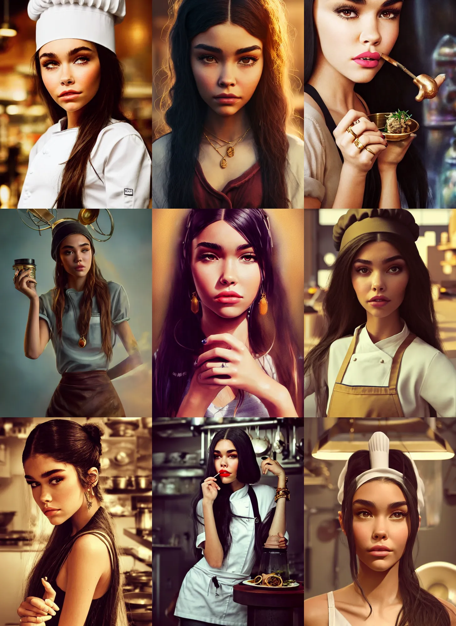 Prompt: madison beer as a hipster chef | jewelry, makeup | glamorous oily soft polished rich alluring ornate modern | weta disney movie still photo | hi - fructose, sci fi fantasy, golden ratio, smooth, octane render, sharp focus, artstation, concept art | artgerm, feng zhu, rhads, loish |