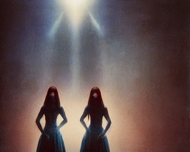 Prompt: twin sisters from another dimension, intimidating, frightening, nightmare, singularity, sharp focus, blue, by Kurosawa, epic tale of the twin sisters, by Beksinski, medieval, transhumanist dancing, god rays, lens flares, dramatic lighting, volumetric lighting, unreal engine