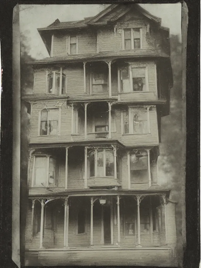 Prompt: tintype photograph. beautiful exterior view of an old victorian house. a creepy man's face is in the window