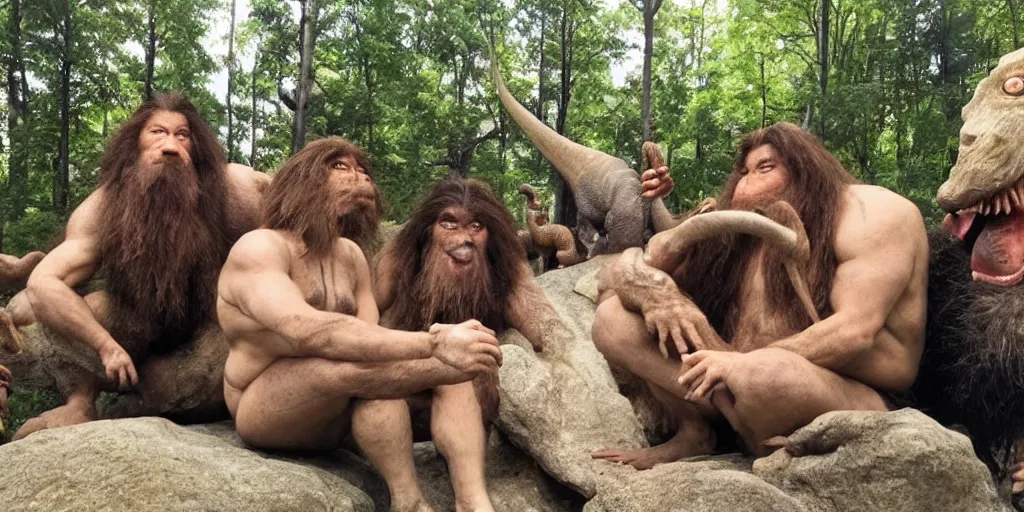 Image similar to photo, three hairy neanderthal people, sumo japanese, emma!! watson!! sitting among them, eating outside, surrounded by dinosaurs!, gigantic forest trees, sitting on rocks, bright moon, birthday cake on the ground, front view