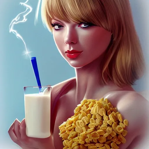 Prompt: Tayor Swift Taylor-O’s, breakfast cereal, part of a healthy breakfast, milk, high detail, tasty, by artgerm, deviantart