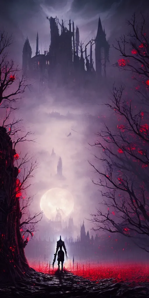 Prompt: abandoned bloodborne old valley with a person at the centre and a ruined gothic city at the end with a big castle, trees and stars in the background, falling red petals, epic red - orange moonlight, perfect lightning, wallpaper illustration by niko delort and kentaro miura, 4 k, ultra realistic