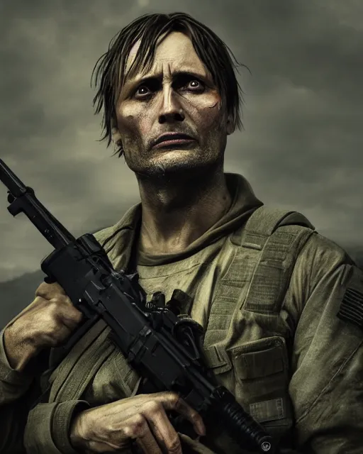 Prompt: mads mikkelson as clifford unger from death stranding wearing modern military fatigues, wielding assault rifle, weeping tears of black oil, mysterious eerie portrait, cinematic lighting, black background, digital painting photoshop, ultra detailed hdr 8 k