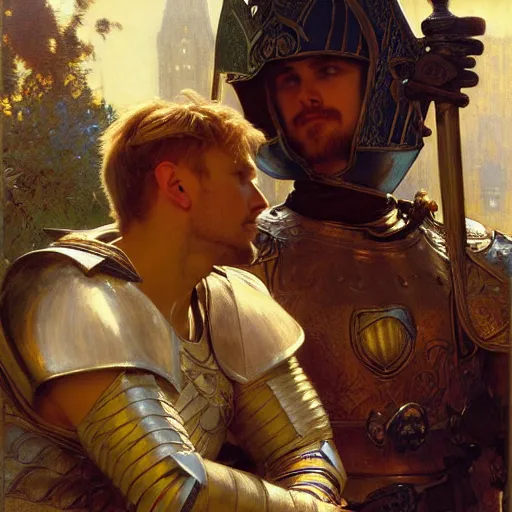 Image similar to attractive arthur pendragon and his attractive male knight, they are in love, natural lighting, path traced, highly detailed, high quality, digital painting, by gaston bussiere, craig mullins, alphonse mucha j. c. leyendecker