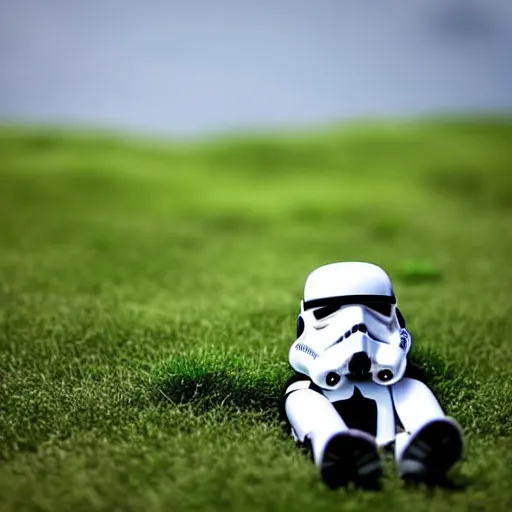 A Stormtrooper Laying On Top Of A Grass Covered Field Stable Diffusion