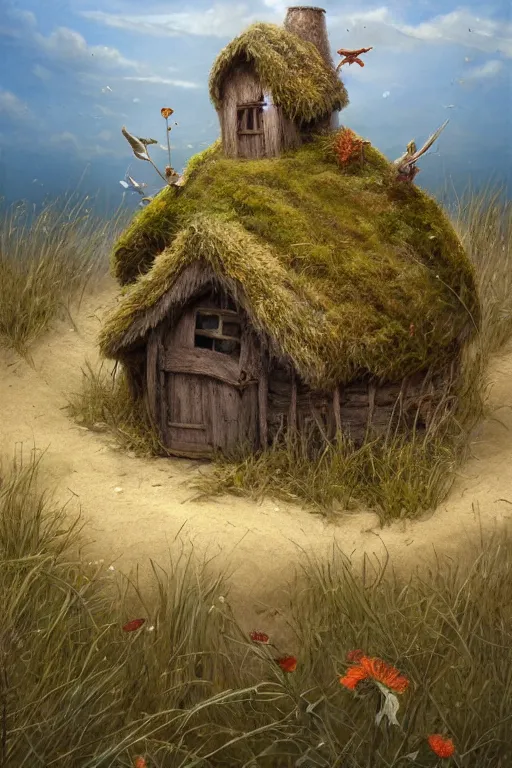 Prompt: wide angle view, a beautiful digital painting of a fairy house made of sand and driftwood on a beach coastline, bright sunny tranquil day, tall grass, magical, by greg rutkowski, brian froud, marc simonetti, jean - baptiste monge, symmetry, complementary colors, ink illustration, trending on artstation