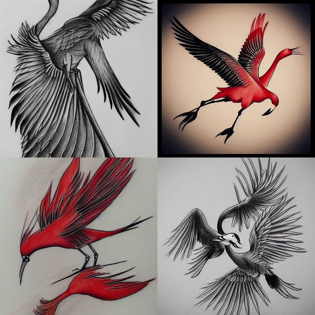 Prompt: japanese cranes birds, red sun, pencil drawing, tattoo design
