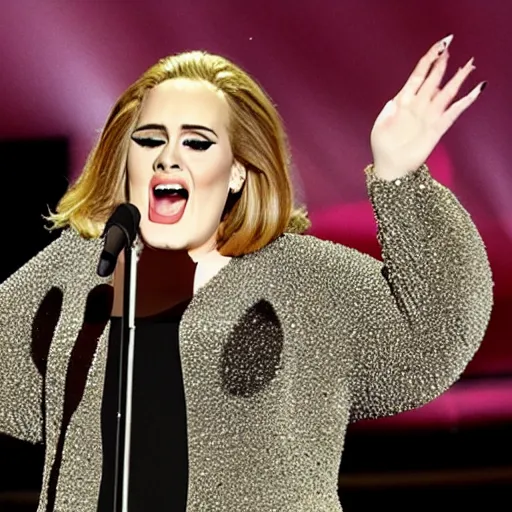 Image similar to Adele with the face of Danny Devito, concert, live performance, full body shot