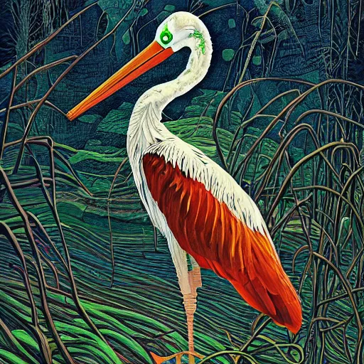 Prompt: realistic atlantic spring pond diamond stork chianti purse death metal album cover, by victo ngai and johfra bosschart and tom thomson, speedpainting, 2 d game art, postmodern