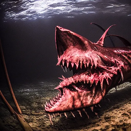 Prompt: underwater closeup of a demonic satanic shark in an abandoned aquarium, real life photography, horror, biological photo, fullbody, dynamic lighting, beautiful, scary, terror
