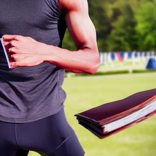 Prompt: stock photograph of an athletic runner holding a bible. Chased by mysterious monsters. Track and field event. DSLR Photography