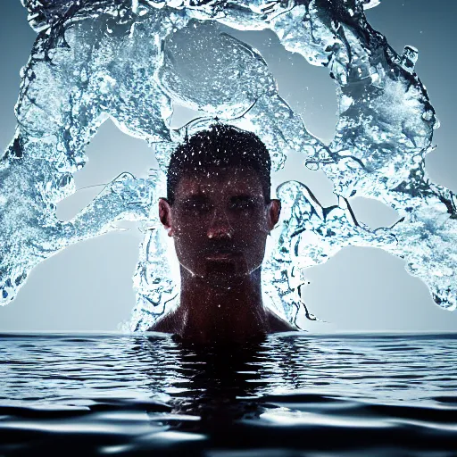 Image similar to spilling water creating a human head out sculpture of water, on the ocean water, ray tracing, realistic water sharp focus, long shot, 8 k resolution, cinematic, amazing water art