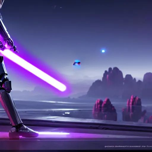 Image similar to robot wielding lightsaber in front of a violet planet, unreal engine, featured on cgsociety, trending on artstation, detailed, scifi futuristic character concept, greg rutkowski, movie poster, octane render, hyperrealistic, cinematic