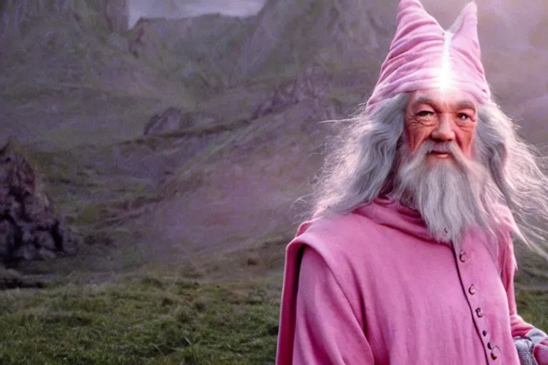 Image similar to portrait of Gandalf wearing pink Hello kitty costume, smiling warmly, sunrise, movie still from Lord of the Rings, cinematic