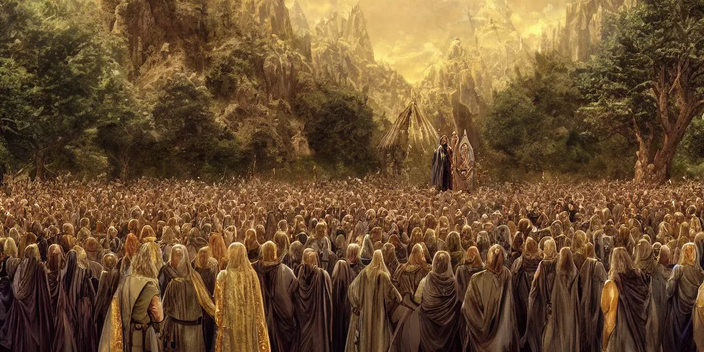 Image similar to Aragorn being crowned king under the white tree of Minas Tirith with a crowd of elves, lord of the rings, godrays, detailed painting, bloom, artstation