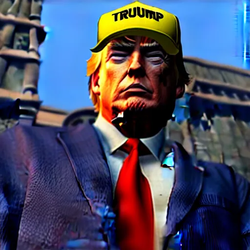 Image similar to donald trump in gta v, ps 5 screenshot, isometric view, third person gameplay, boss battle, 3 d render, cryengine, highly detailed