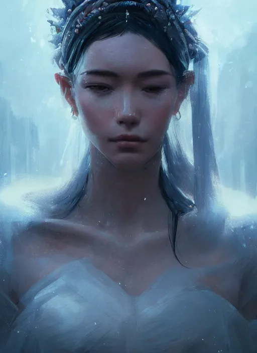 Image similar to A portrait of a beautiful goddess by Greg Rutkowski, Sung Choi, Mitchell Mohrhauser, Maciej Kuciara, Johnson Ting, Maxim Verehin, Peter Konig, final fantasy, 8k photorealistic, cinematic lighting, HD, high details, dramatic, atmospheric , trending on artstation