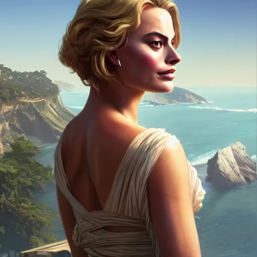 Image similar to Margot Robbie, intricate, highly detailed, digital painting, artstation, concept art, smooth, sharp focus, illustration, gta v cover art, Unreal Engine 5, 8K, art by artgerm and greg rutkowski and alphonse mucha