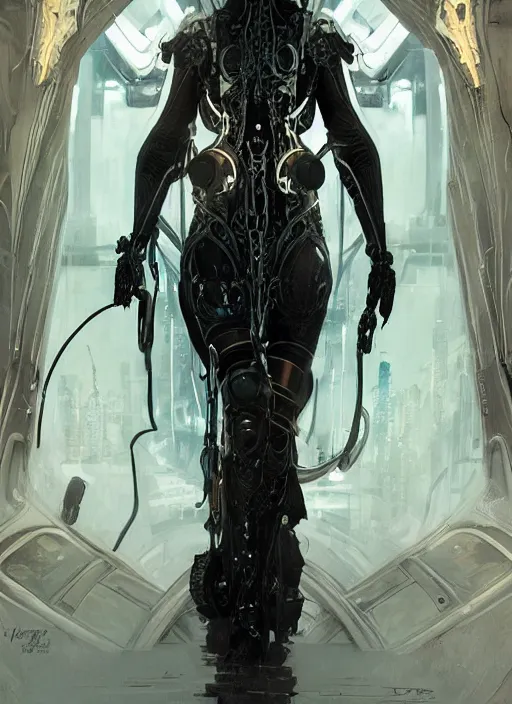 Image similar to a cyborg with mask, black leather garment with art nouveau ivory accessories, cyberpunk, darksynth, luxury, concept art by jama jurabaev, extremely detailed, ominous, ethereal, artstation, andree wallin, edvige faini, balaskas, alphonse mucha