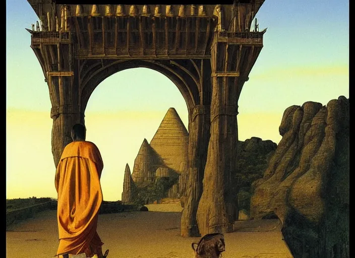 Prompt: a strange thin monkey - human in regal robes walks toward a sphinx on a medieval bridge, golden hour, dramatic lighting, fluid, smooth, bright, colours, high contrast, sharpness, very detailed, intricate, by moebius, frazetta, giorgio de chirico and klimt