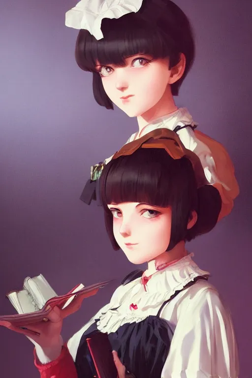 Image similar to a portrait of a cute young woman in a Victorian maid outfit with black bob cut hair, steampunk setting, vivid colors, soft lighting, atmospheric, cinematic, moody, in the style of Ilya Kuvshinov and Range Murata, Krenz Cushart, oil on canvas, 8k