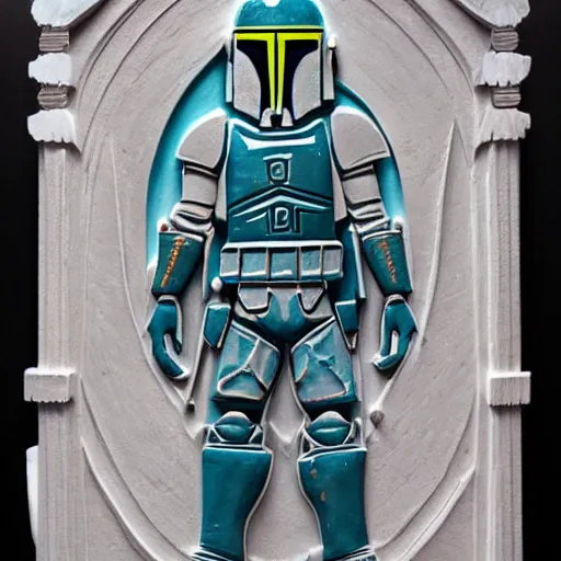 Image similar to intricate colorfully painted carved soapstone relief paneling, white and pale blue, celestial, ghostly, cathedral, insanely detailed, depiction of boba fett