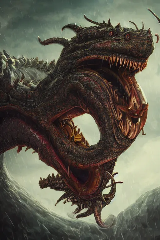 Image similar to ultra realist and ultra intricate detailed soft painting close up view of a gigantic wyrm opened mouth eating a minotaur, symmetry features, slimy tongue, sensual gloomy style, volumetric clouds, cyberpunk background, artstation, unreal render, depth of field