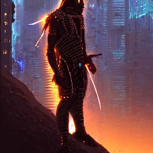 Prompt: a cyberpunk zulu warrior sitting on a cliff watching an enormous metropolitan city burn!! from a distance at night, fire, by alena aenami and android jones and greg rutkowski, Trending on artstation, hyperrealism, elegant, stylized, highly detailed digital art, 8k resolution, hd, global illumination, radiant light, detailed and intricate cyberpunk ghetto environment, rendered in octane, post processed, wide angle