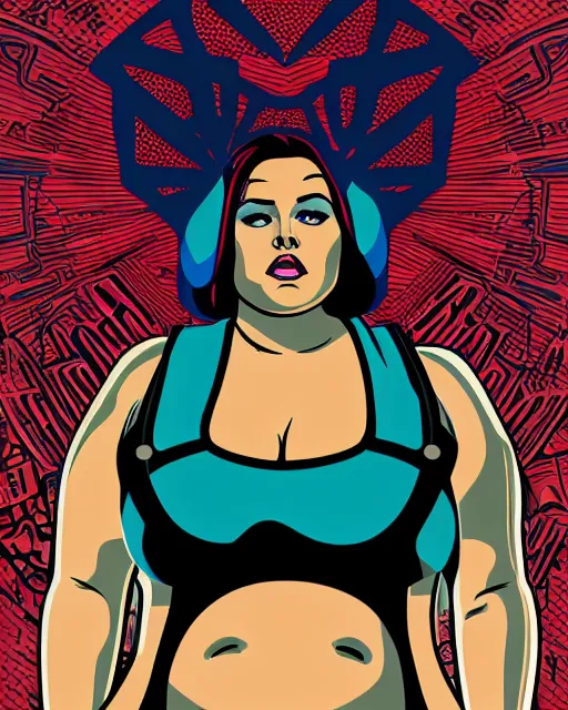 Image similar to upper body portrait of a > > > gorgeous < < < woman, bbw, muscular, wearing vest and miniskirt. pop art, art nouveau. in the style of gta, dan mumford.