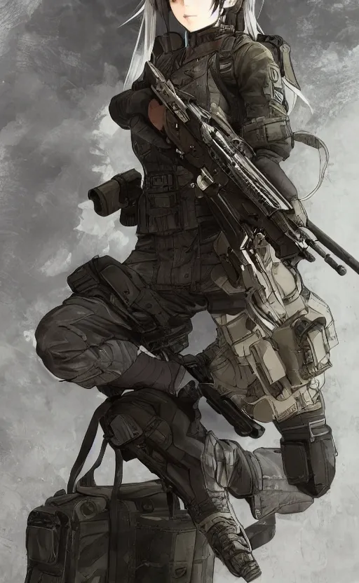 Image similar to highly detailed, high resolution, character design art, stunning, volumetric lightning, realistic guns, girls frontline style, matte, sharp focus, intricate, 150mm, illustration, artstation, by yusuke kozaki, realistic human anatomy, simple design, realistic military gear, metal gear style