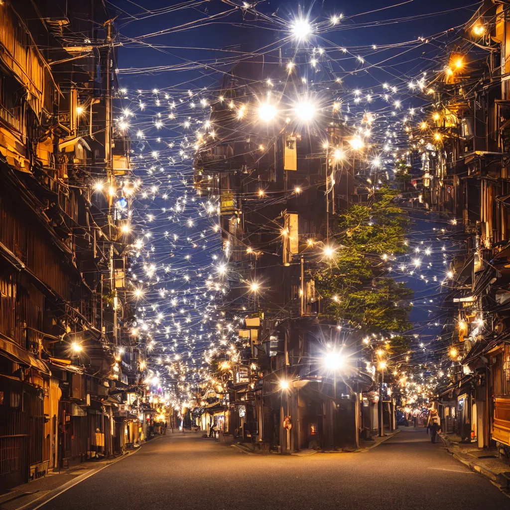 Image similar to photograph of kyoto street at night, bright street lamps, lens flare