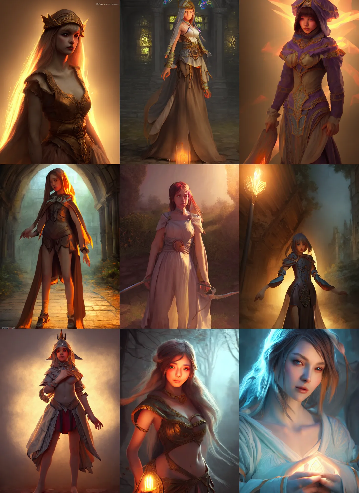 Prompt: old masters light composition, procedurally generated, epic mage girl character posing for concept art, costume design from forest spirits, ancient city streets behind her, substance designer, PBR, HD, Ultra detailed, hyperrealistic, megascans, volumetric light, concept by master artist, made in paint tool SAI2, trending pixiv face