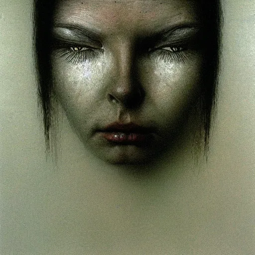 Prompt: portrait photo of a woman by Zdzislaw Beksinski, sad, black eyes
