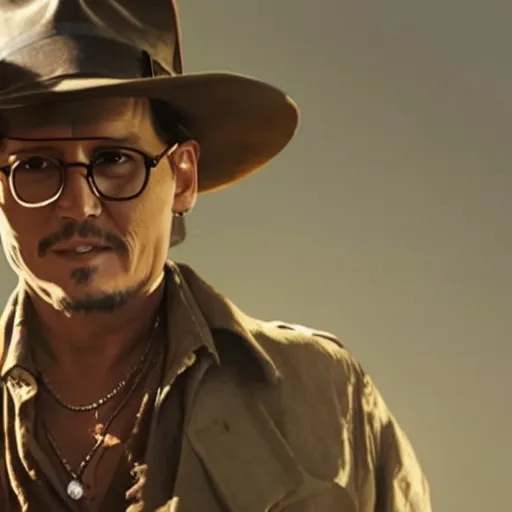 Prompt: johnny depp as indiana jones, cinematography lighting