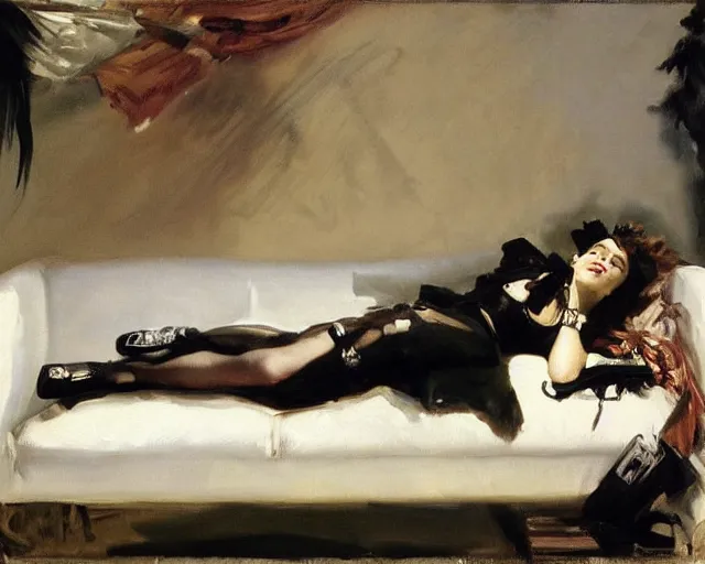 Image similar to A punk girl lying on a sofa, cinematic lighting, oil painting by John Singer Sargent