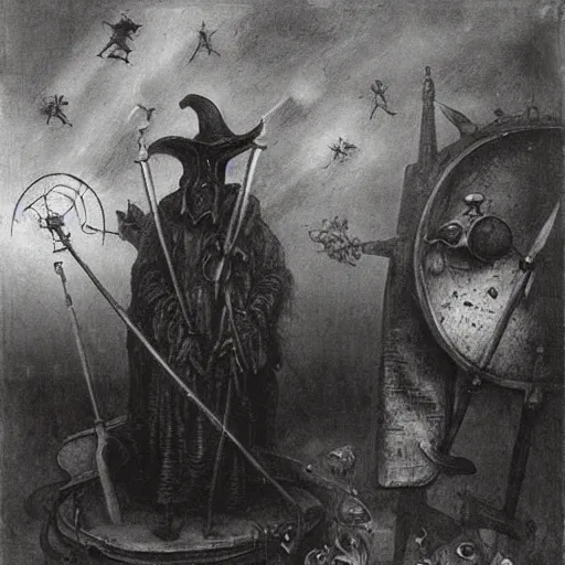 Prompt: plague doctors in the mist with weird rube goldberg machines, minimalist, joel peter witkin, heironymus bosch, gustave dore, beksinski, giger'